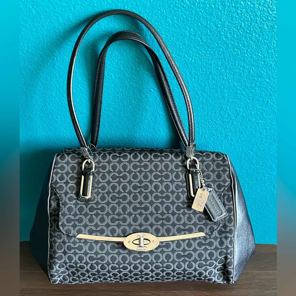COACH Madison Madeline Black W/Gray Signature Jacquard & Leather E-W Satchel